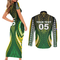 Custom Cook Islands Rugby Couples Matching Short Sleeve Bodycon Dress and Long Sleeve Button Shirt Unique Style Green Version - Polynesian Pride
