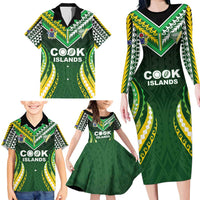 Custom Cook Islands Rugby Family Matching Long Sleeve Bodycon Dress and Hawaiian Shirt Unique Style Green Version - Polynesian Pride