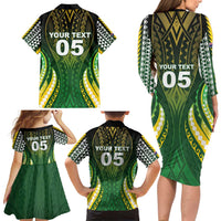 Custom Cook Islands Rugby Family Matching Long Sleeve Bodycon Dress and Hawaiian Shirt Unique Style Green Version - Polynesian Pride