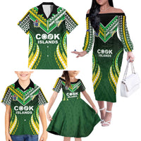 Custom Cook Islands Rugby Family Matching Off The Shoulder Long Sleeve Dress and Hawaiian Shirt Unique Style Green Version - Polynesian Pride