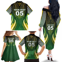 Custom Cook Islands Rugby Family Matching Off The Shoulder Long Sleeve Dress and Hawaiian Shirt Unique Style Green Version - Polynesian Pride
