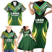 Custom Cook Islands Rugby Family Matching Short Sleeve Bodycon Dress and Hawaiian Shirt Unique Style Green Version - Polynesian Pride