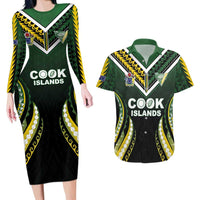 Custom Cook Islands Rugby Couples Matching Long Sleeve Bodycon Dress and Hawaiian Shirt Unique Style Black Version LT05 Black - Polynesian Pride