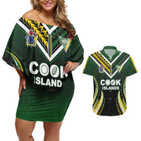 Custom Cook Islands Rugby Couples Matching Off Shoulder Short Dress and Hawaiian Shirt Unique Style Black Version - Polynesian Pride