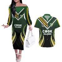 Custom Cook Islands Rugby Couples Matching Off The Shoulder Long Sleeve Dress and Hawaiian Shirt Unique Style Black Version LT05 Black - Polynesian Pride