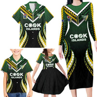 Custom Cook Islands Rugby Family Matching Long Sleeve Bodycon Dress and Hawaiian Shirt Unique Style Black Version LT05 - Polynesian Pride