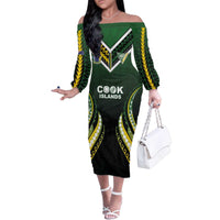 Custom Cook Islands Rugby Family Matching Off The Shoulder Long Sleeve Dress and Hawaiian Shirt Unique Style Black Version - Polynesian Pride