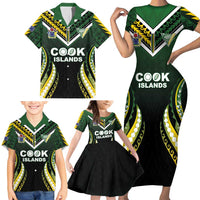 Custom Cook Islands Rugby Family Matching Short Sleeve Bodycon Dress and Hawaiian Shirt Unique Style Black Version LT05 - Polynesian Pride