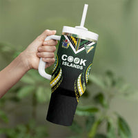 Custom Cook Islands Rugby Tumbler With Handle Unique Style Black Version - Polynesian Pride