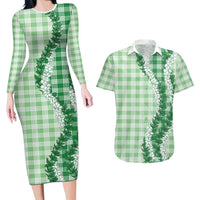 Green Hawaii Palaka Couples Matching Long Sleeve Bodycon Dress and Hawaiian Shirt Hawaiian Honohono Lei