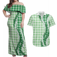 Green Hawaii Palaka Couples Matching Off Shoulder Maxi Dress and Hawaiian Shirt Hawaiian Honohono Lei