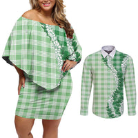 Green Hawaii Palaka Couples Matching Off Shoulder Short Dress and Long Sleeve Button Shirt Hawaiian Honohono Lei LT05 Green - Polynesian Pride