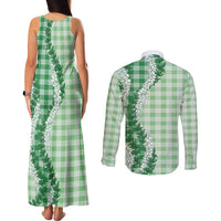 Green Hawaii Palaka Couples Matching Tank Maxi Dress and Long Sleeve Button Shirt Hawaiian Honohono Lei LT05 - Polynesian Pride