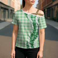 Green Hawaii Palaka Cross Shoulder Shirt Hawaiian Honohono Lei