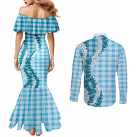 Blue Hawaii Palaka Couples Matching Mermaid Dress and Long Sleeve Button Shirt Hawaiian Honohono Lei LT05 - Polynesian Pride