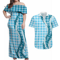 Blue Hawaii Palaka Couples Matching Off Shoulder Maxi Dress and Hawaiian Shirt Hawaiian Honohono Lei LT05 Blue - Polynesian Pride