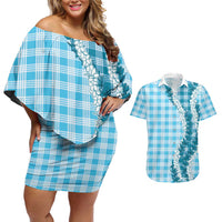Blue Hawaii Palaka Couples Matching Off Shoulder Short Dress and Hawaiian Shirt Hawaiian Honohono Lei LT05 Blue - Polynesian Pride