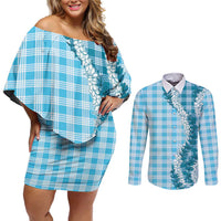 Blue Hawaii Palaka Couples Matching Off Shoulder Short Dress and Long Sleeve Button Shirt Hawaiian Honohono Lei LT05 Blue - Polynesian Pride