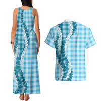 Blue Hawaii Palaka Couples Matching Tank Maxi Dress and Hawaiian Shirt Hawaiian Honohono Lei