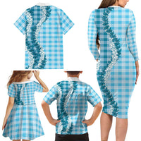 Blue Hawaii Palaka Family Matching Long Sleeve Bodycon Dress and Hawaiian Shirt Hawaiian Honohono Lei LT05 - Polynesian Pride