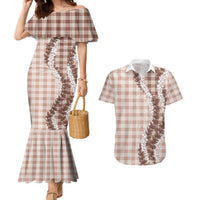 Beige Hawaii Palaka Couples Matching Mermaid Dress and Hawaiian Shirt Hawaiian Honohono Lei