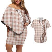 Beige Hawaii Palaka Couples Matching Off Shoulder Short Dress and Hawaiian Shirt Hawaiian Honohono Lei