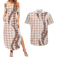 Beige Hawaii Palaka Couples Matching Summer Maxi Dress and Hawaiian Shirt Hawaiian Honohono Lei
