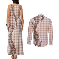 Beige Hawaii Palaka Couples Matching Tank Maxi Dress and Long Sleeve Button Shirt Hawaiian Honohono Lei LT05 - Polynesian Pride