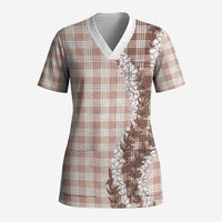 Beige Hawaii Palaka Scrub Top Hawaiian Honohono Lei