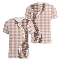 Beige Hawaii Palaka Women V-Neck T-Shirt Hawaiian Honohono Lei LT05 - Polynesian Pride