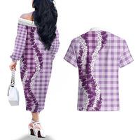 Violet Hawaii Palaka Couples Matching Off The Shoulder Long Sleeve Dress and Hawaiian Shirt Hawaiian Honohono Lei