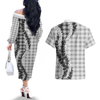 Gray Hawaii Palaka Couples Matching Off The Shoulder Long Sleeve Dress and Hawaiian Shirt Hawaiian Honohono Lei