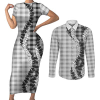Gray Hawaii Palaka Couples Matching Short Sleeve Bodycon Dress and Long Sleeve Button Shirt Hawaiian Honohono Lei