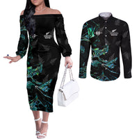 New Zealand Marathon Couples Matching Off The Shoulder Long Sleeve Dress and Long Sleeve Button Shirt Silver Fern Paua Shell Simple Style LT05 Black - Polynesian Pride