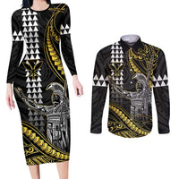 Hawaii King Kamehameha The Great Couples Matching Long Sleeve Bodycon Dress and Long Sleeve Button Shirt Gold Tribal Tattoo LT05 Gold - Polynesian Pride