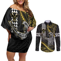 Hawaii King Kamehameha The Great Couples Matching Off Shoulder Short Dress and Long Sleeve Button Shirt Gold Tribal Tattoo LT05 Gold - Polynesian Pride