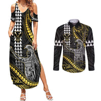 Hawaii King Kamehameha The Great Couples Matching Summer Maxi Dress and Long Sleeve Button Shirt Gold Tribal Tattoo LT05 Gold - Polynesian Pride