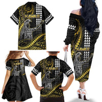 Hawaii King Kamehameha The Great Family Matching Off The Shoulder Long Sleeve Dress and Hawaiian Shirt Gold Tribal Tattoo