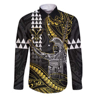 Hawaii King Kamehameha The Great Family Matching Off The Shoulder Long Sleeve Dress and Hawaiian Shirt Gold Tribal Tattoo