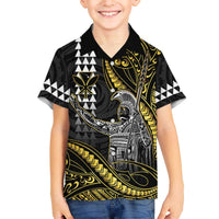 Hawaii King Kamehameha The Great Family Matching Off The Shoulder Long Sleeve Dress and Hawaiian Shirt Gold Tribal Tattoo