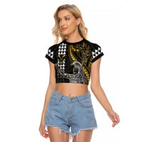 Hawaii King Kamehameha The Great Raglan Cropped T Shirt Gold Tribal Tattoo LT05 Female Gold - Polynesian Pride