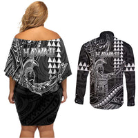 Hawaii King Kamehameha The Great Couples Matching Off Shoulder Short Dress and Long Sleeve Button Shirt Black Tribal Tattoo LT05 - Polynesian Pride