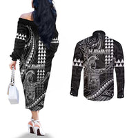 Hawaii King Kamehameha The Great Couples Matching Off The Shoulder Long Sleeve Dress and Long Sleeve Button Shirt Black Tribal Tattoo