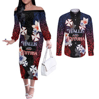 Wallis and Futuna Uvea Couples Matching Off The Shoulder Long Sleeve Dress and Long Sleeve Button Shirt Victory Day With Frangipani LT05 Black - Polynesian Pride