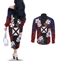 Wallis and Futuna Uvea Couples Matching Off The Shoulder Long Sleeve Dress and Long Sleeve Button Shirt Victory Day With Frangipani LT05 - Polynesian Pride