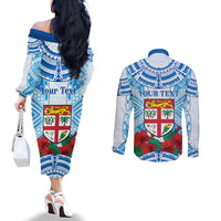 Personalised Fiji Ratu Sir Lala Sukuna Day Couples Matching Off The Shoulder Long Sleeve Dress and Long Sleeve Button Shirt Hibiscus Tapa Pattern