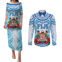 Personalised Fiji Ratu Sir Lala Sukuna Day Couples Matching Puletasi and Long Sleeve Button Shirt Hibiscus Tapa Pattern