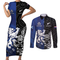 New Zealand And Scotland Rugby Custom Couples Matching Short Sleeve Bodycon Dress and Long Sleeve Button Shirt Maori Tiki With Thistle Together LT05 Black - Polynesian Pride