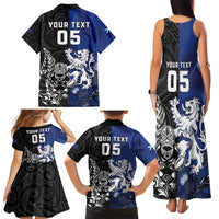 New Zealand And Scotland Rugby Custom Family Matching Tank Maxi Dress and Hawaiian Shirt Maori Tiki With Thistle Together