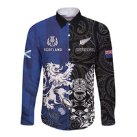 New Zealand And Scotland Rugby Custom Long Sleeve Button Shirt Maori Tiki With Thistle Together LT05 Unisex Black - Polynesian Pride